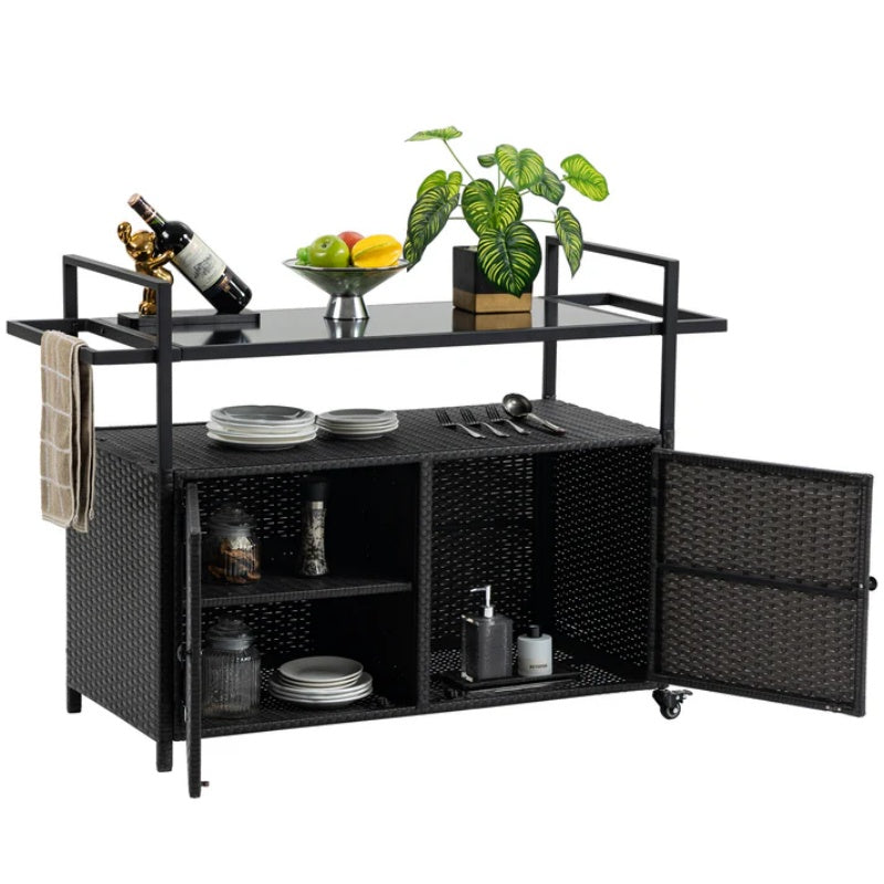 Outdoor Wicker Bar Cart, Patio Wine Serving Cart w/Wheels, Rolling Rattan Beverage Bar Counter Table w/Glass Top for Porch Backyard Garden Poolside Party, Black-海智集-Default-