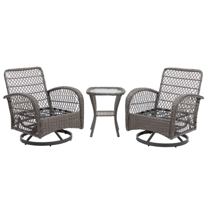 3 Pieces Outdoor Swivel Rocker Patio Chairs, 360 Degree Rocking Patio Conversation Set with Thickened Cushions and Glass Coffee Table for Backyard, Grey-海智集-Default-