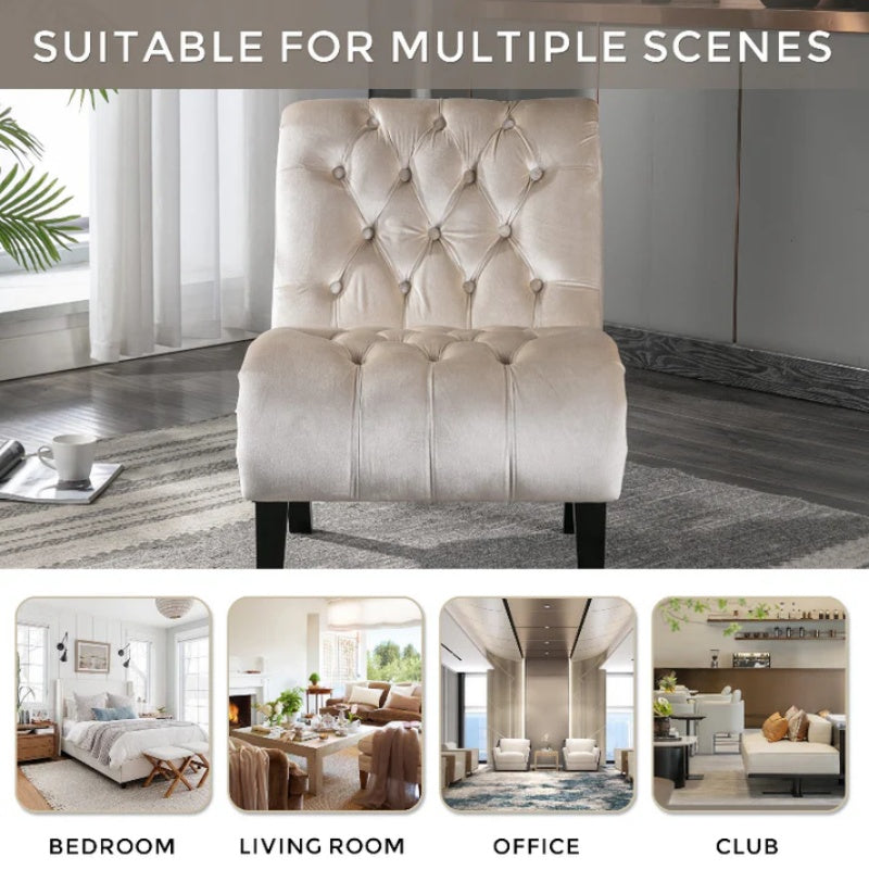 COOLMORE Modern Velvet Armless Accent Living Room Chair / Leisure Chair,Upholstered Fabric Button Comfortable Chair with Wooden Legs for Bedroom, Living Room, Office (Beige Velvet)-海智集-Default-