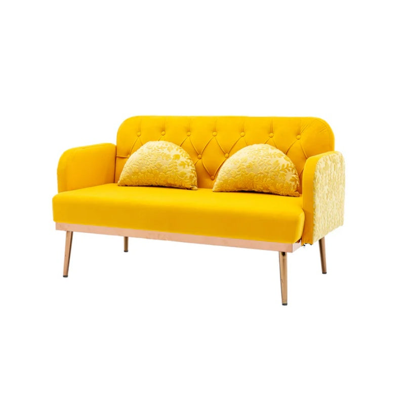COOLMORE Modern Velvet Loveseat Sofa , Comfy Upholstered 2-Seater Sofa with Gold Metal Legs, Small Loveseat Accent Couch for Living Bedroom Leisure Areas (Yellow Velvet)-海智集-Default-