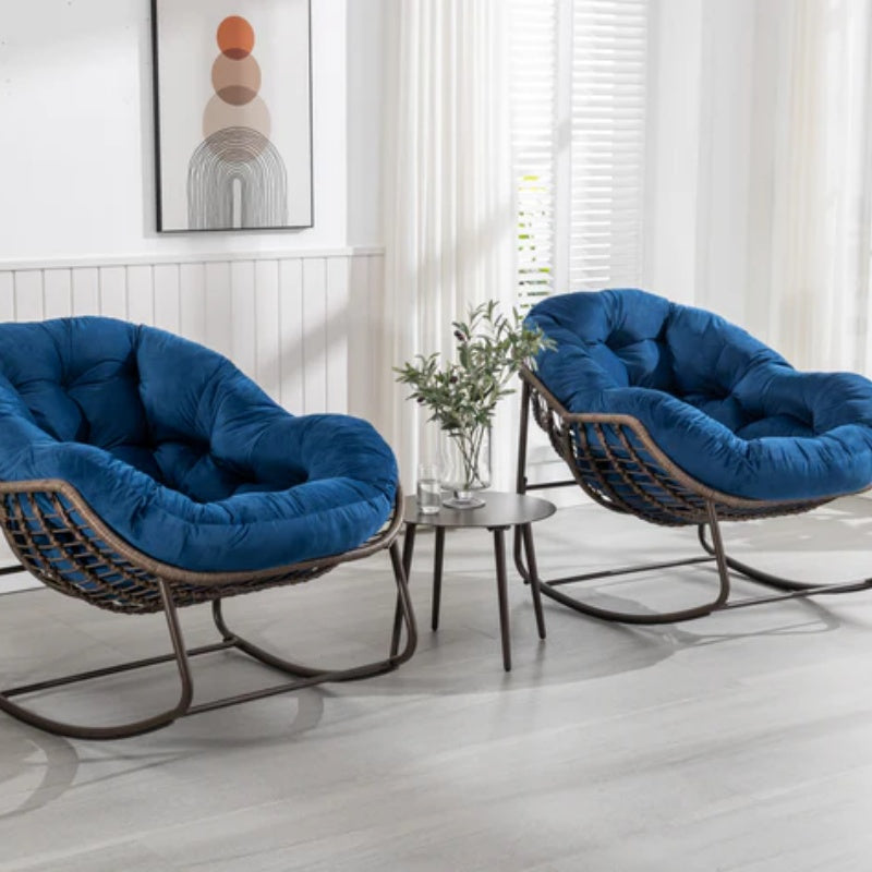 Outdoor Rattan Rocking Chair,Padded Cushion Rocker Recliner Chair Outdoor for Front Porch, Living Room, Patio, Garden, Navy Blue-海智集-Default-