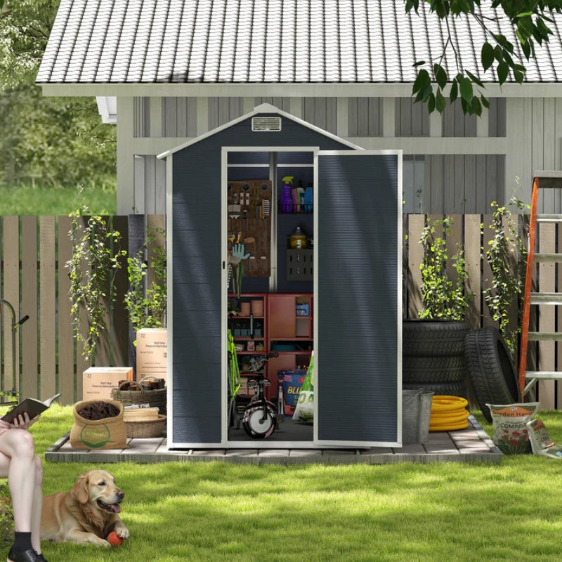 Campcraft 4*8ft resin storage shed, high quality pp material, strong structure, waterproof, rust and UV proof, large storage space, 12mm thick pp board, HD window lighting Dark gray-海智集-Default-