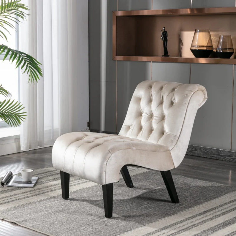COOLMORE Modern Velvet Armless Accent Living Room Chair / Leisure Chair,Upholstered Fabric Button Comfortable Chair with Wooden Legs for Bedroom, Living Room, Office (Beige Velvet)-海智集-Default-