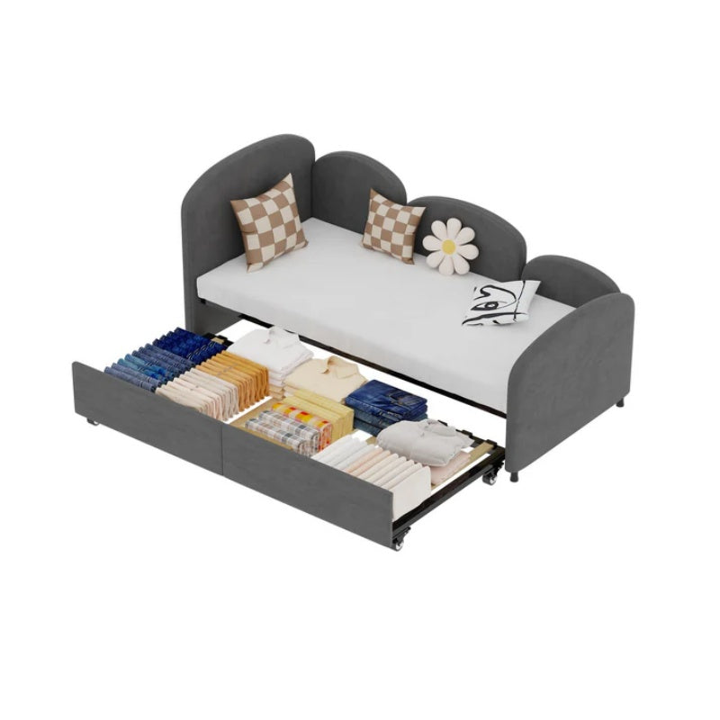 Modern Twin Size Velvet Upholstered Daybed with Additional Bed Frame, Dark Gray, Solid Wood Structure-海智集-Default-