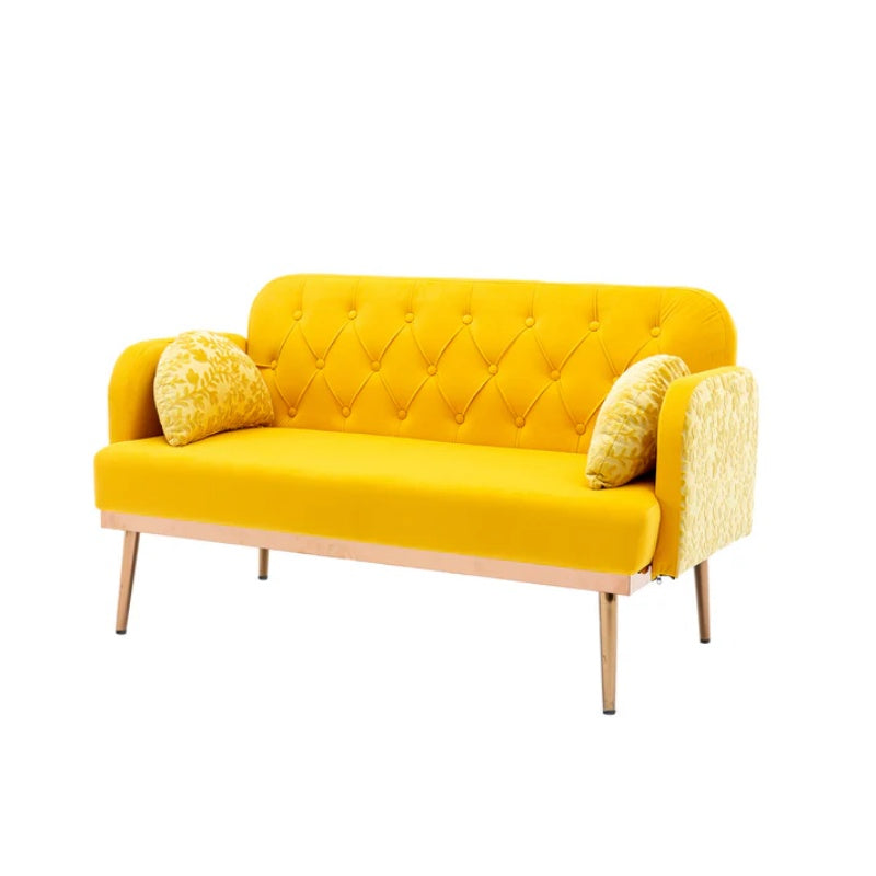 COOLMORE Modern Velvet Loveseat Sofa , Comfy Upholstered 2-Seater Sofa with Gold Metal Legs, Small Loveseat Accent Couch for Living Bedroom Leisure Areas (Yellow Velvet)-海智集-Default-