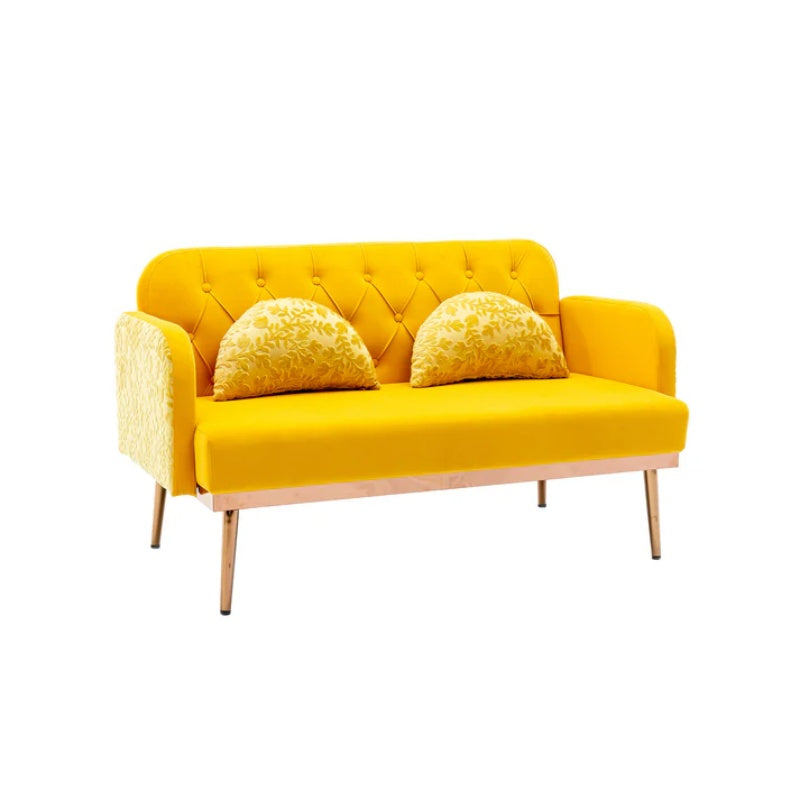 COOLMORE Modern Velvet Loveseat Sofa , Comfy Upholstered 2-Seater Sofa with Gold Metal Legs, Small Loveseat Accent Couch for Living Bedroom Leisure Areas (Yellow Velvet)-海智集-Default-
