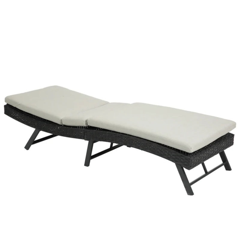 Steel folding Lounge Sets Outdoor Rattan Adjustable Back 3 Pieces Cushioned Patio Folding Chaise Lounge with Folding Table (Beige)-海智集-Default-
