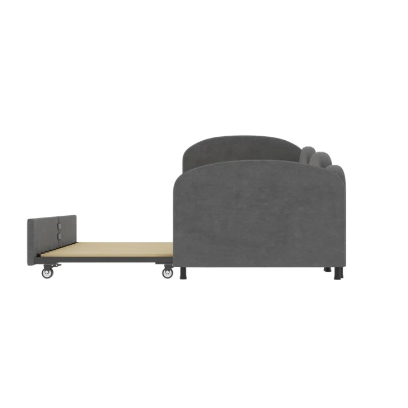 Modern Twin Size Velvet Upholstered Daybed with Additional Bed Frame, Dark Gray, Solid Wood Structure-海智集-Default-