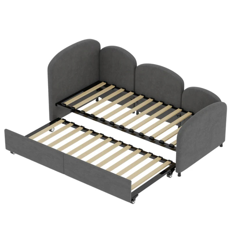 Modern Twin Size Velvet Upholstered Daybed with Additional Bed Frame, Dark Gray, Solid Wood Structure-海智集-Default-
