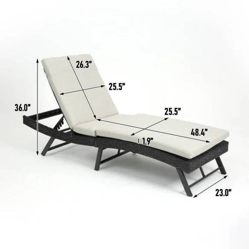Steel folding Lounge Sets Outdoor Rattan Adjustable Back 3 Pieces Cushioned Patio Folding Chaise Lounge with Folding Table (Beige)-海智集-Default-