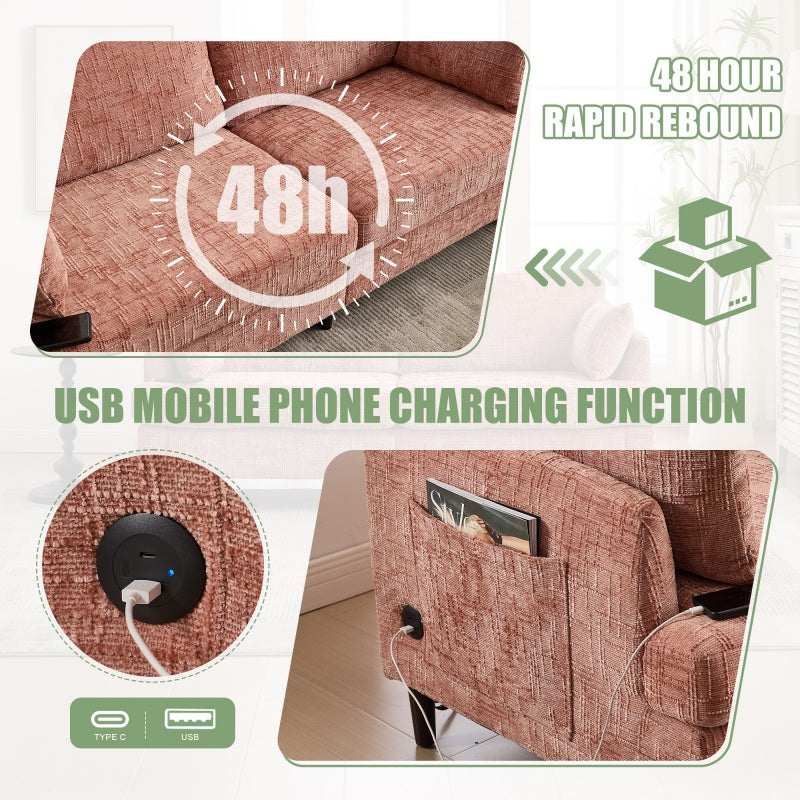 Multifunctional Lazy Person Sofa Recliner with Storage Backrest and Cell Phone Bracket in Pink Chenille for Living Room and Bedroom-海智集-Default-