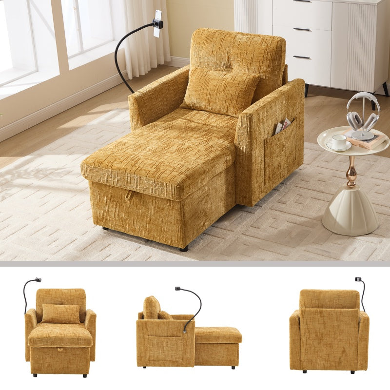 Multifunctional Lazy Sofa Recliner with Storage and Phone Bracket in Mustard Yellow Chenille for Living Room-海智集-Default-