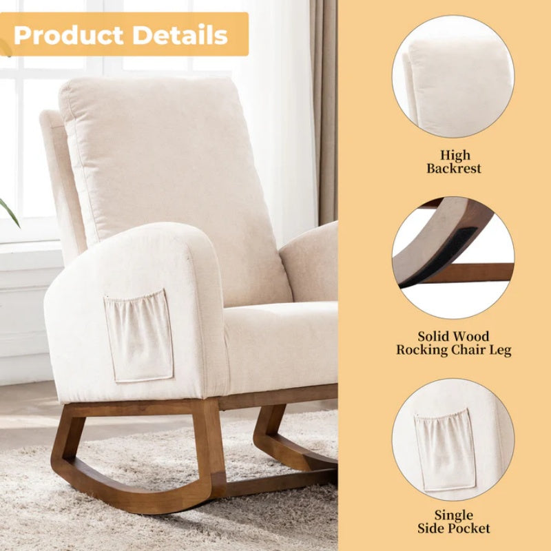 COOLMORE Rocking Chair, Modern Glider Chair, Recliner Armchair with Wood Legs and Side Pocket, Nursery Rocking Accent Chair with High Back for Living Room Bedroom (Beige linen)-海智集-Default-