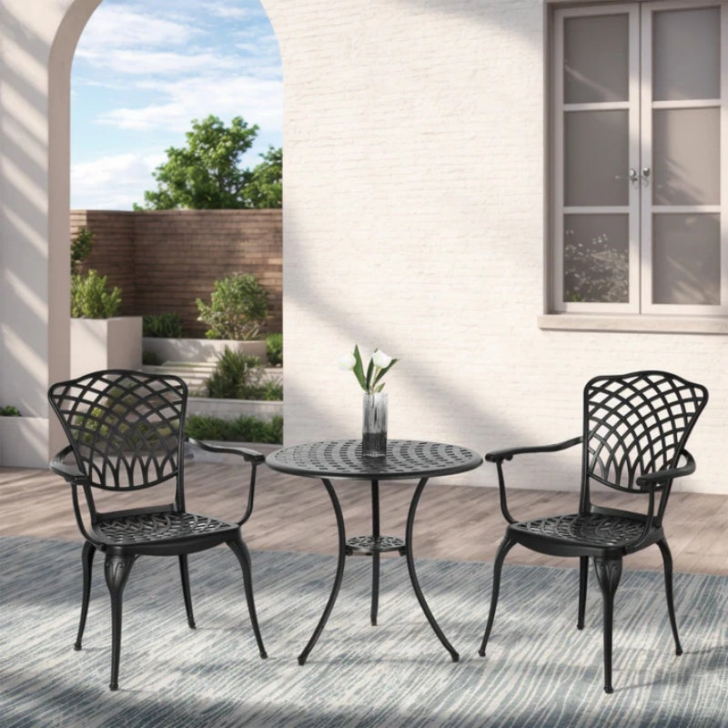3 Piece Patio Bistro Set Cast Aluminum Bistro Table and Chairs Set of 2 with Umbrella Hole,All Weather Metal Bistro Table Set,Outdoor Patio Furniture Set for Garden Black-海智集-Default-
