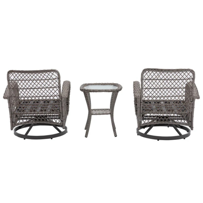 3 Pieces Outdoor Swivel Rocker Patio Chairs, 360 Degree Rocking Patio Conversation Set with Thickened Cushions and Glass Coffee Table for Backyard, Grey-海智集-Default-