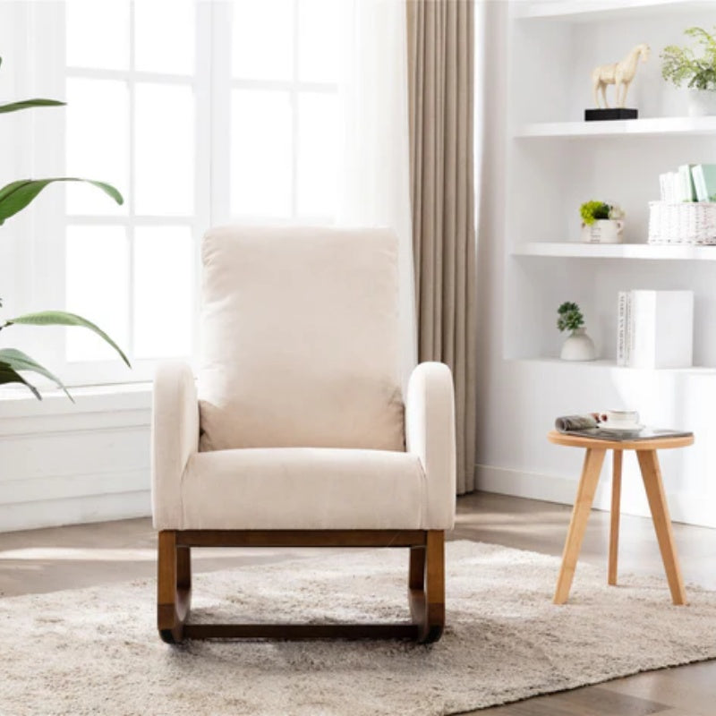 COOLMORE Rocking Chair, Modern Glider Chair, Recliner Armchair with Wood Legs and Side Pocket, Nursery Rocking Accent Chair with High Back for Living Room Bedroom (Beige linen)-海智集-Default-