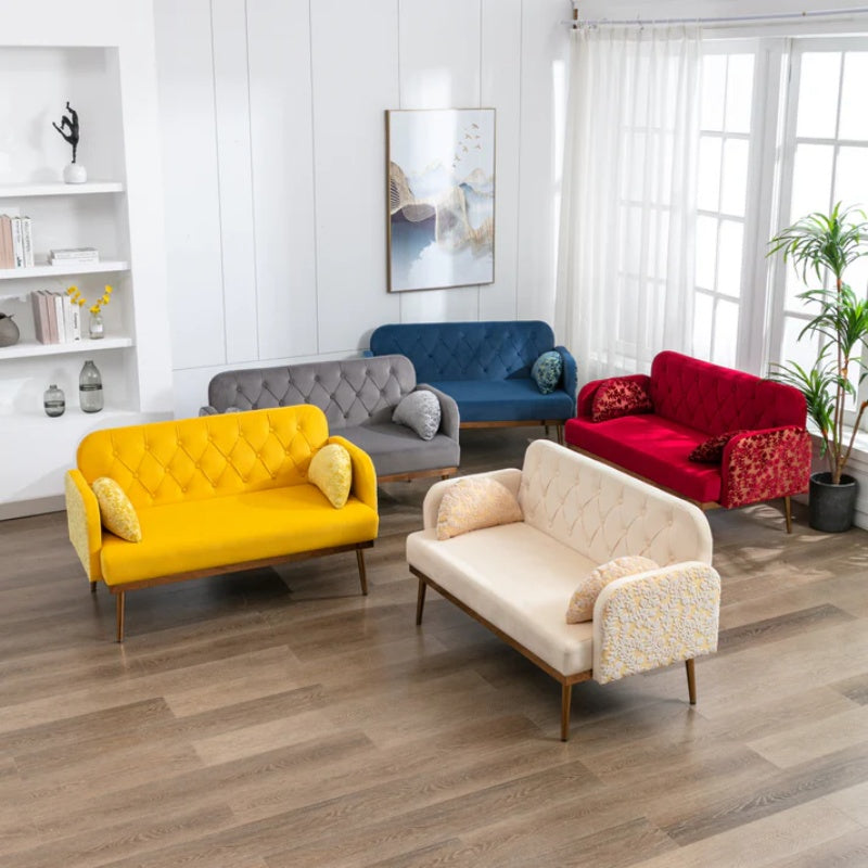 COOLMORE Modern Velvet Loveseat Sofa , Comfy Upholstered 2-Seater Sofa with Gold Metal Legs, Small Loveseat Accent Couch for Living Bedroom Leisure Areas (Yellow Velvet)-海智集-Default-