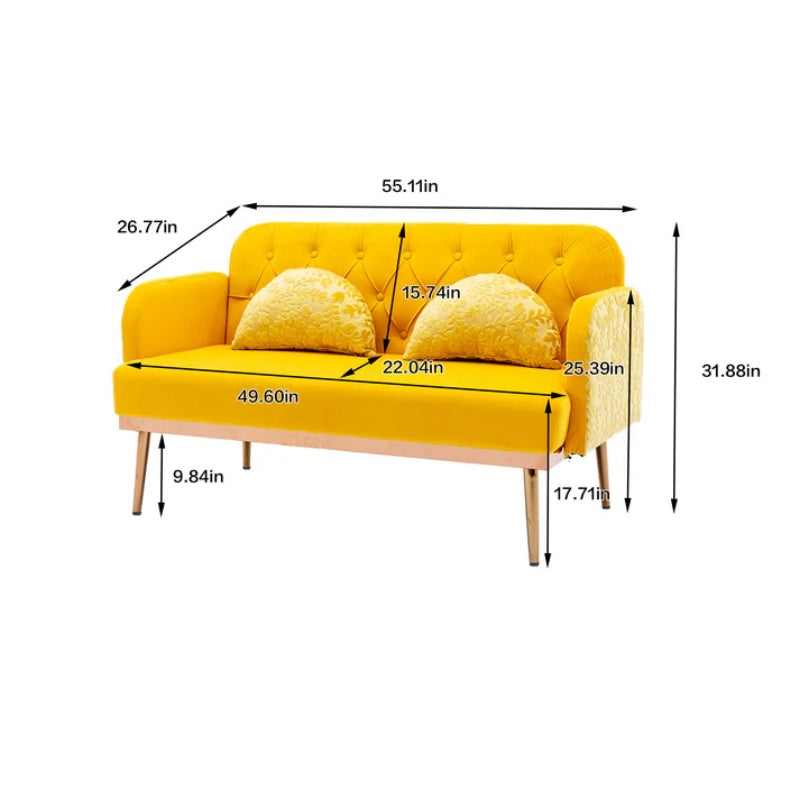 COOLMORE Modern Velvet Loveseat Sofa , Comfy Upholstered 2-Seater Sofa with Gold Metal Legs, Small Loveseat Accent Couch for Living Bedroom Leisure Areas (Yellow Velvet)-海智集-Default-