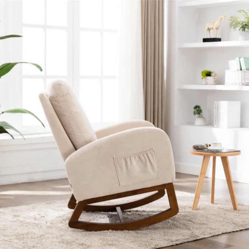 COOLMORE Rocking Chair, Modern Glider Chair, Recliner Armchair with Wood Legs and Side Pocket, Nursery Rocking Accent Chair with High Back for Living Room Bedroom (Beige linen)-海智集-Default-