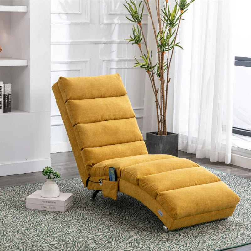 Ergonomic Linen Massage Chaise Lounge with Remote Control, Mustard Color, 5 Modes for Office, Living Room, Bedroom-海智集-Default-