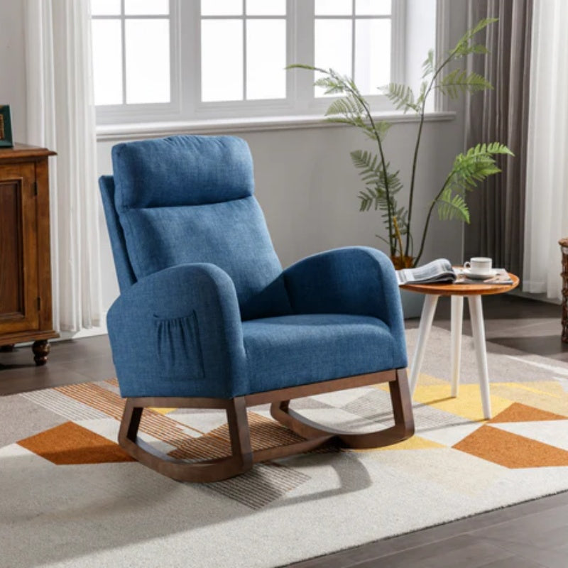 Rocking Chair, Modern Glider Chair, Recliner Armchair with Wood Legs and Side Pocket, Nursery Rocking Accent Chair with High Back for Living Room Bedroom (Blue linen)-海智集-Default-