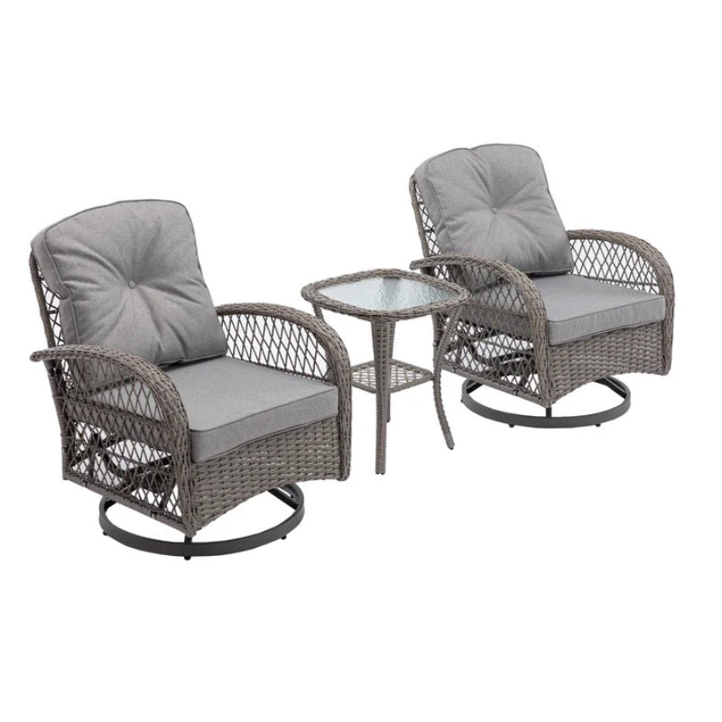 3 Pieces Outdoor Swivel Rocker Patio Chairs, 360 Degree Rocking Patio Conversation Set with Thickened Cushions and Glass Coffee Table for Backyard, Grey-海智集-Default-