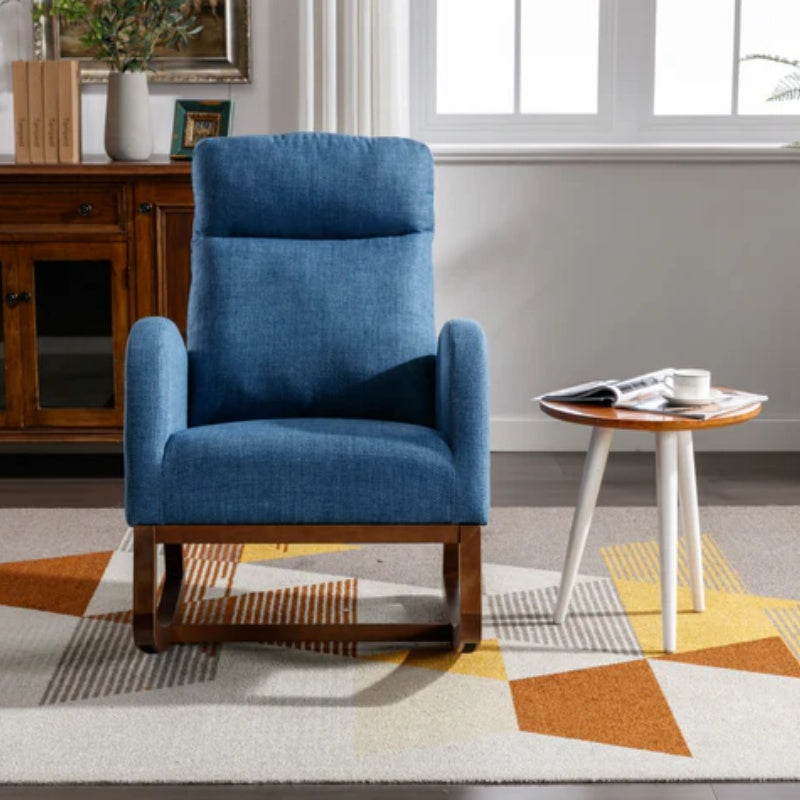 Rocking Chair, Modern Glider Chair, Recliner Armchair with Wood Legs and Side Pocket, Nursery Rocking Accent Chair with High Back for Living Room Bedroom (Blue linen)-海智集-Default-