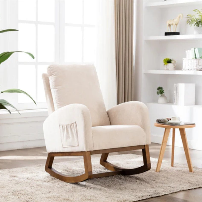 COOLMORE Rocking Chair, Modern Glider Chair, Recliner Armchair with Wood Legs and Side Pocket, Nursery Rocking Accent Chair with High Back for Living Room Bedroom (Beige linen)-海智集-Default-