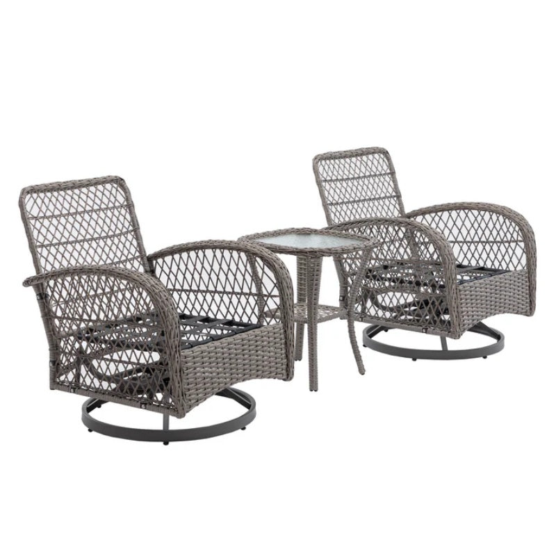 3 Pieces Outdoor Swivel Rocker Patio Chairs, 360 Degree Rocking Patio Conversation Set with Thickened Cushions and Glass Coffee Table for Backyard, Grey-海智集-Default-
