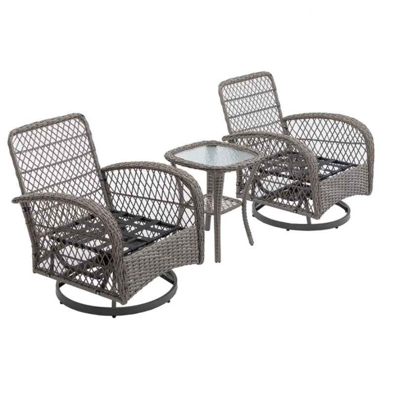 3 Pieces Outdoor Swivel Rocker Patio Chairs, 360 Degree Rocking Patio Conversation Set with Thickened Cushions and Glass Coffee Table for Backyard, Grey-海智集-Default-