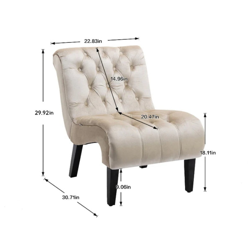 COOLMORE Modern Velvet Armless Accent Living Room Chair / Leisure Chair,Upholstered Fabric Button Comfortable Chair with Wooden Legs for Bedroom, Living Room, Office (Beige Velvet)-海智集-Default-