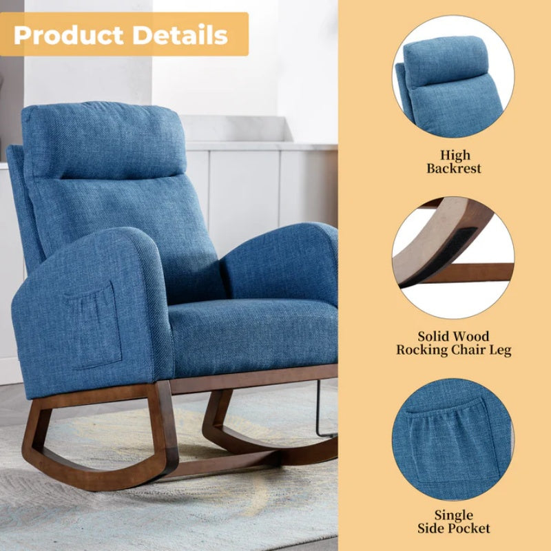 Rocking Chair, Modern Glider Chair, Recliner Armchair with Wood Legs and Side Pocket, Nursery Rocking Accent Chair with High Back for Living Room Bedroom (Blue linen)-海智集-Default-