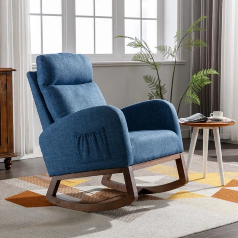 Rocking Chair, Modern Glider Chair, Recliner Armchair with Wood Legs and Side Pocket, Nursery Rocking Accent Chair with High Back for Living Room Bedroom (Blue linen)-海智集-Default-