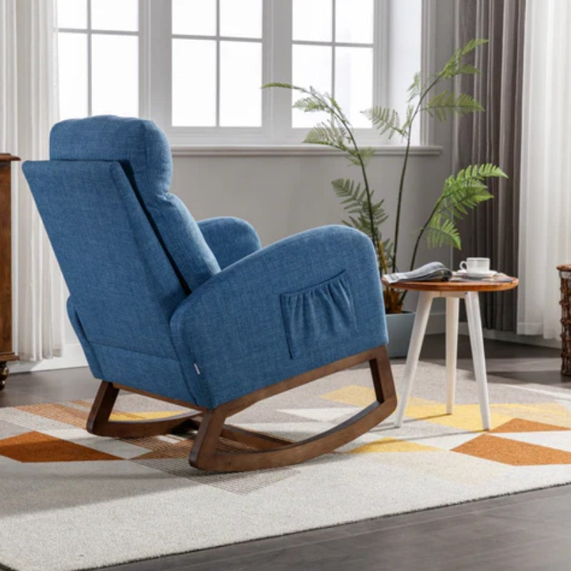 Rocking Chair, Modern Glider Chair, Recliner Armchair with Wood Legs and Side Pocket, Nursery Rocking Accent Chair with High Back for Living Room Bedroom (Blue linen)-海智集-Default-