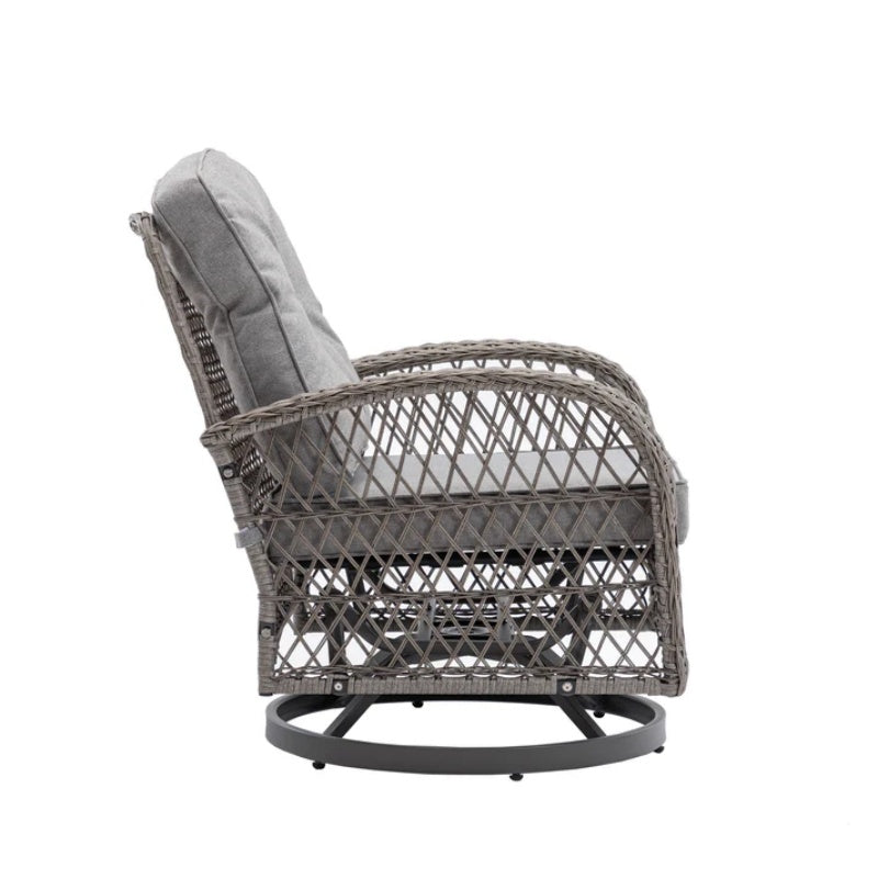 3 Pieces Outdoor Swivel Rocker Patio Chairs, 360 Degree Rocking Patio Conversation Set with Thickened Cushions and Glass Coffee Table for Backyard, Grey-海智集-Default-