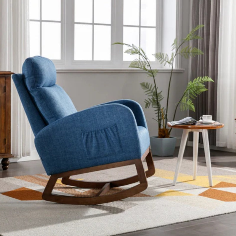 Rocking Chair, Modern Glider Chair, Recliner Armchair with Wood Legs and Side Pocket, Nursery Rocking Accent Chair with High Back for Living Room Bedroom (Blue linen)-海智集-Default-
