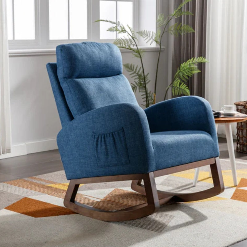 Rocking Chair, Modern Glider Chair, Recliner Armchair with Wood Legs and Side Pocket, Nursery Rocking Accent Chair with High Back for Living Room Bedroom (Blue linen)-海智集-Default-