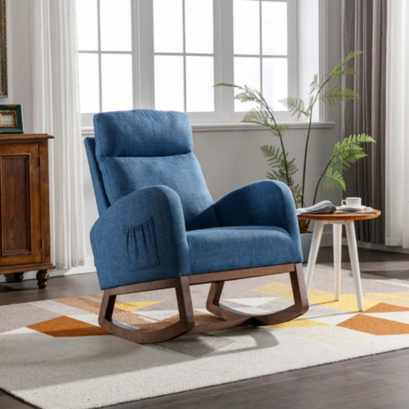 Rocking Chair, Modern Glider Chair, Recliner Armchair with Wood Legs and Side Pocket, Nursery Rocking Accent Chair with High Back for Living Room Bedroom (Blue linen)-海智集-Default-