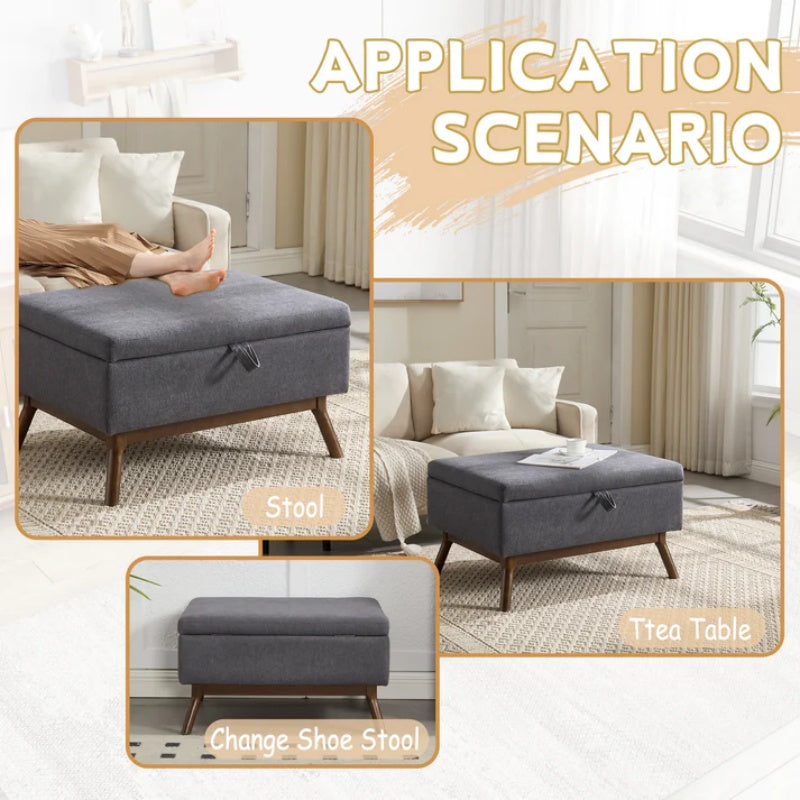 Mid-century modern square coffee table storage bench, assembled, suitable for living room, entryway and family room, used as a coffee table, stirrups, shoe bench-海智集-Default-