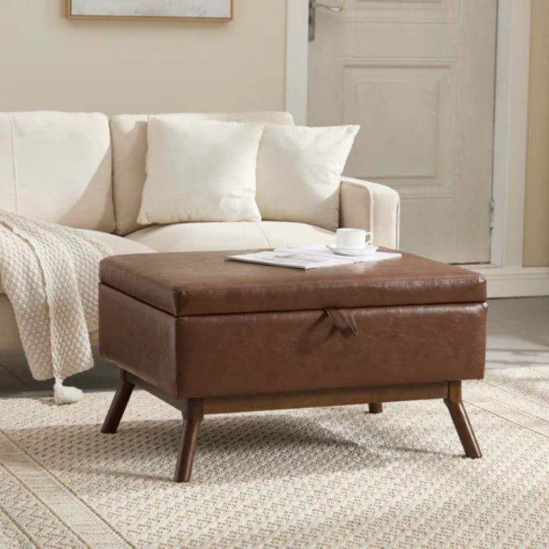 Mid-century modern square coffee table storage bench, assembled, suitable for living room, entryway and family room, used as a coffee table, stirrups, shoe bench-海智集-Default-