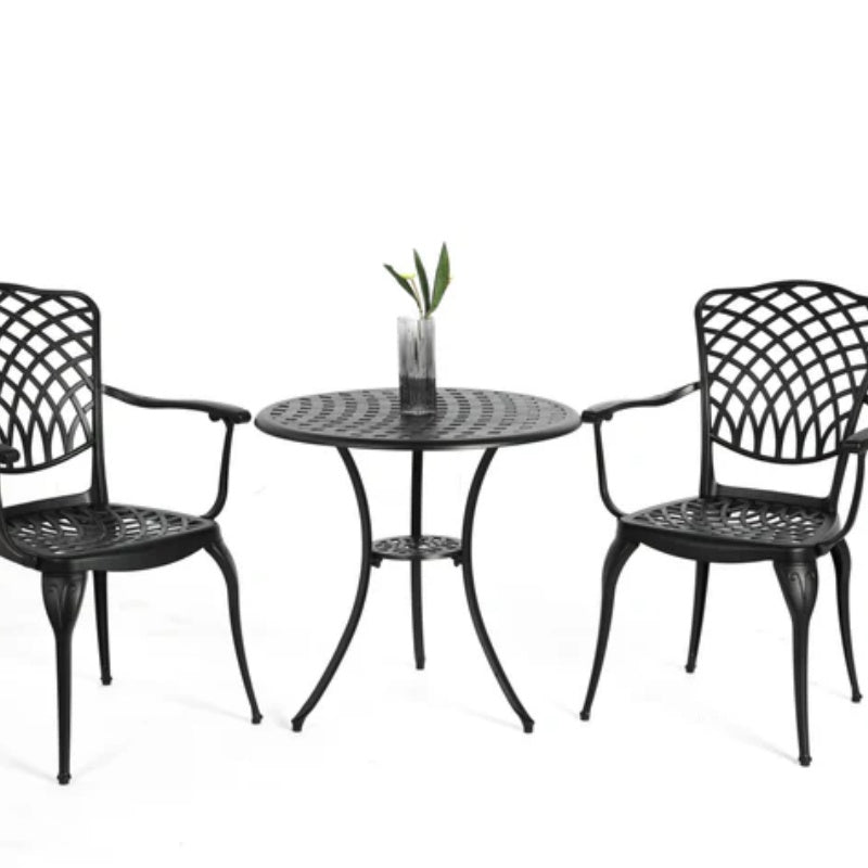 3 Piece Patio Bistro Set Cast Aluminum Bistro Table and Chairs Set of 2 with Umbrella Hole,All Weather Metal Bistro Table Set,Outdoor Patio Furniture Set for Garden Black-海智集-Default-