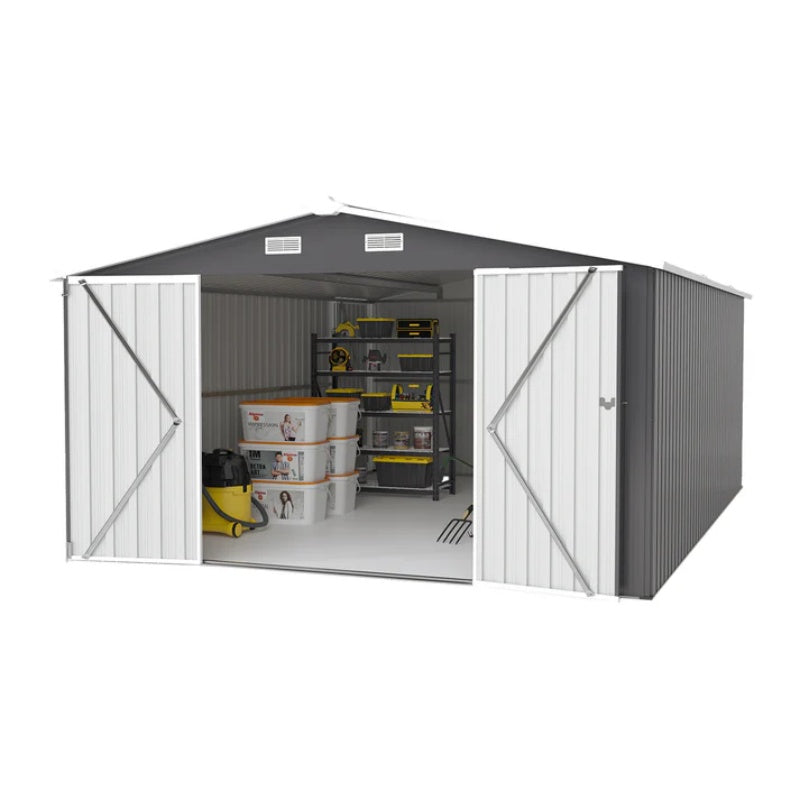 Campcraft Outdoor Storage Shed 10×14 FT with 3 Lockable Doors,Utility Tool Shed Metal Storage Garden Sheds Frame and 4 Vents,for Backyard,Patio,Lawn,dark Grey-海智集-Default-