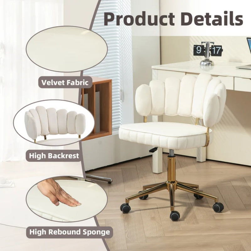 Modern Velvet Home Office Desk Chair with Wheels, Swivel, Height Adjustable, Beige-海智集-Default-