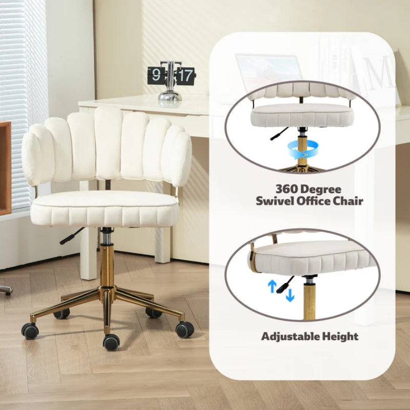 Modern Velvet Home Office Desk Chair with Wheels, Swivel, Height Adjustable, Beige-海智集-Default-