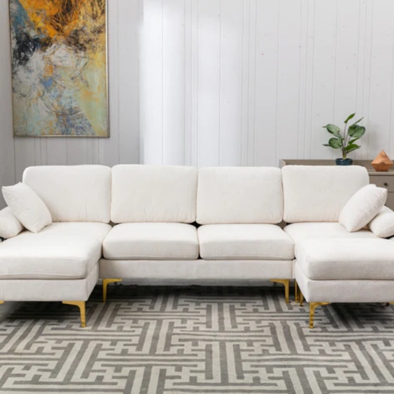 COOLMORE U-shape sectional sofa with Ottoman , Reversible Sofa Couch for Living Room,Spacious Furniture,Durable Couch Removable and machine washable cover (White Teddy)-海智集-Default-