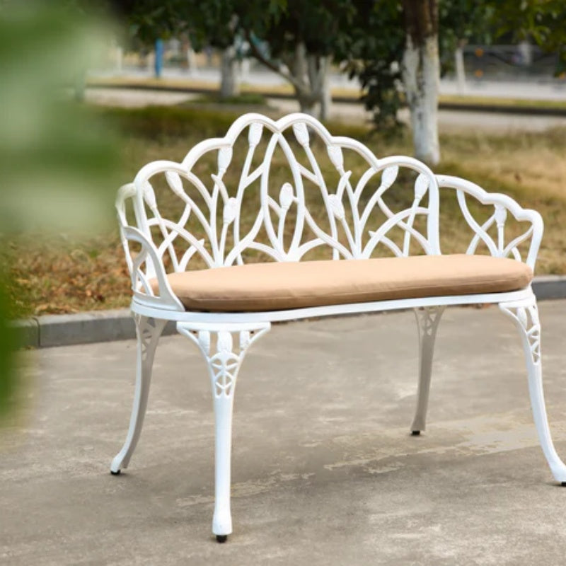 Tulip Patio Garden Bench Metal Park Bench Cast Aluminum Outdoor Furniture with Floral Rose for Patio,Park,Lawn,Yard with cushion-海智集-Default-