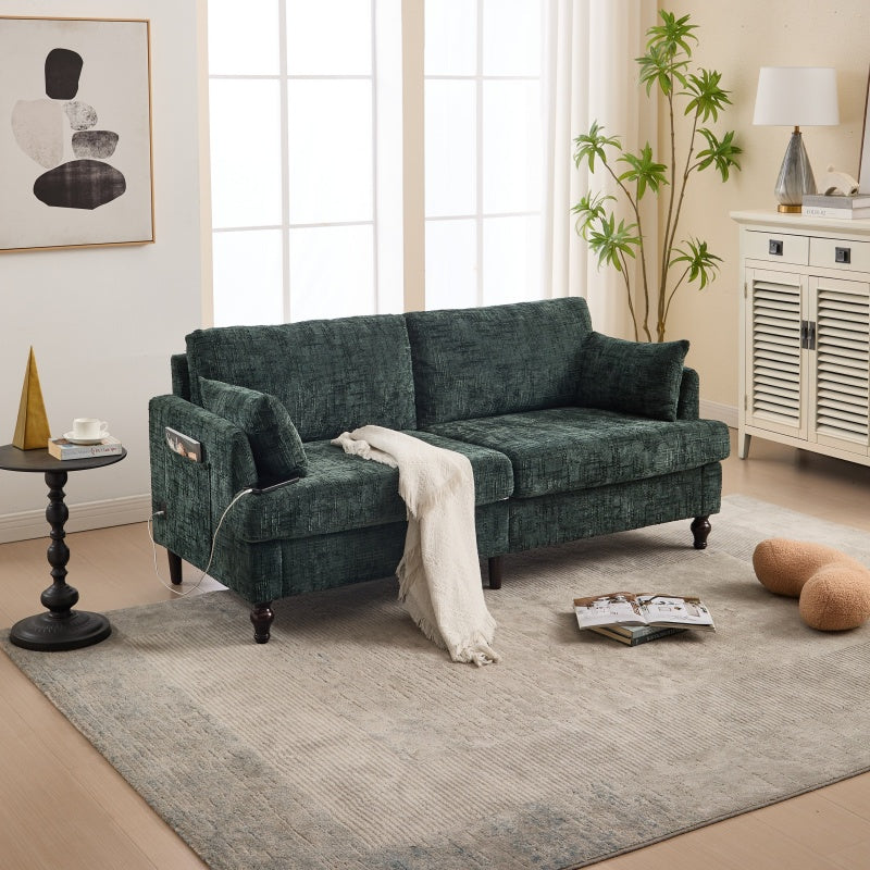 Modern Chenille 2-Seater Sofa with LED Light, USB Charging Port, and Storage Bag in Emerald-海智集-Default-