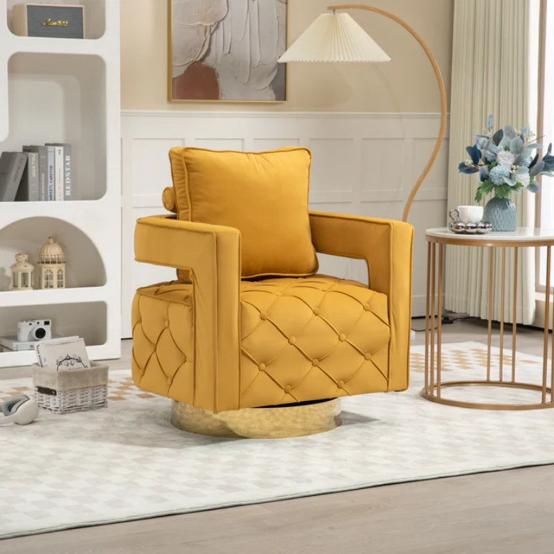 Swivel Accent Chair - Modern Accent Chair with Pillow, Velvet Armchair Side Chair with Tufted Button for Living Room, Bedroom, Office(yellow)-海智集-Default-