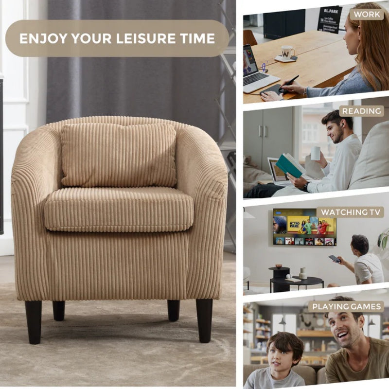 COOLMORE Living Room Accent Barrel Chair, Century Modern Style Decorative Chair, Armchair for Living Room with Thick Cushions and Pillows, Comfy Single Sofa Chair, Chair with Wooden Legs,Camel-海智集-Default-