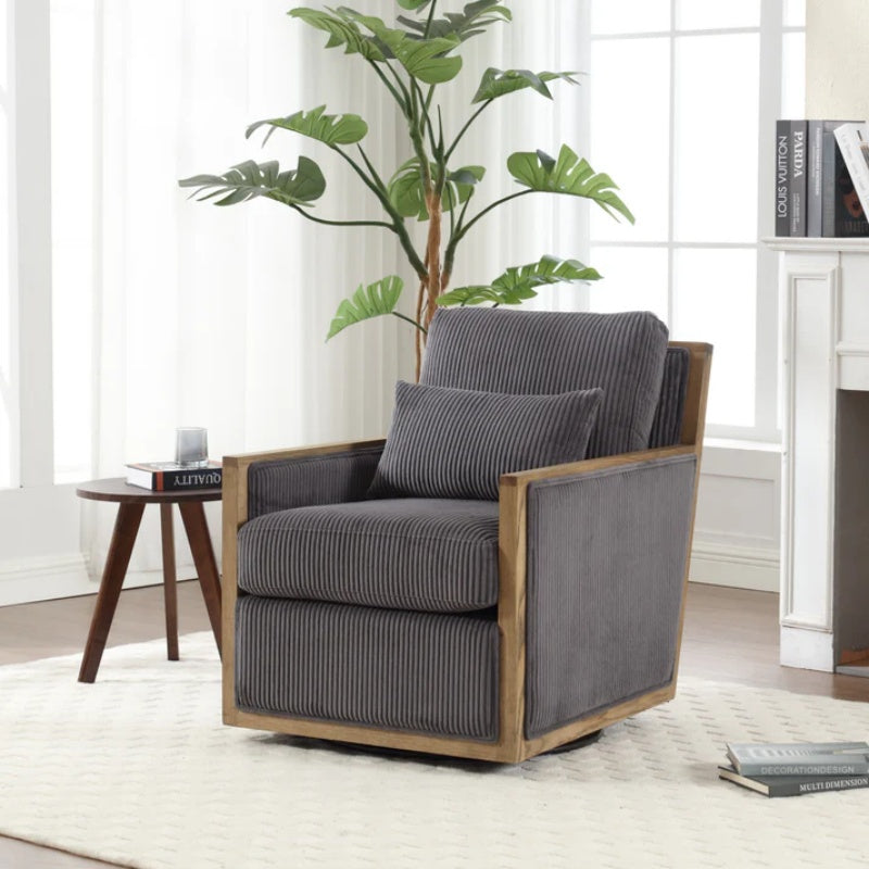 Dark Gray Corduroy Swivel Barrel Chair, Comfy Accent Sofa Chair with 360 Degree Rotation and Hardwood Frame-海智集-Default-